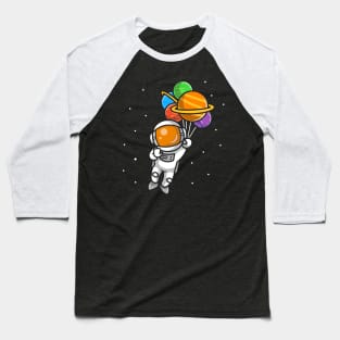 Cute Astronaut Flying With Planet Balloons In Space Cartoon Baseball T-Shirt